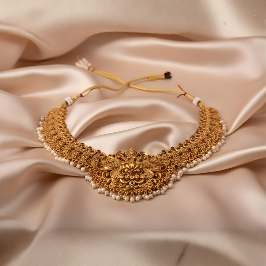 Antique gold temple necklace with pearls