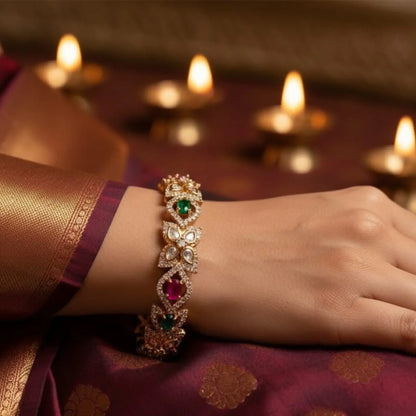 Floral Gold-Plated Bangles With Ruby and Emerald Design