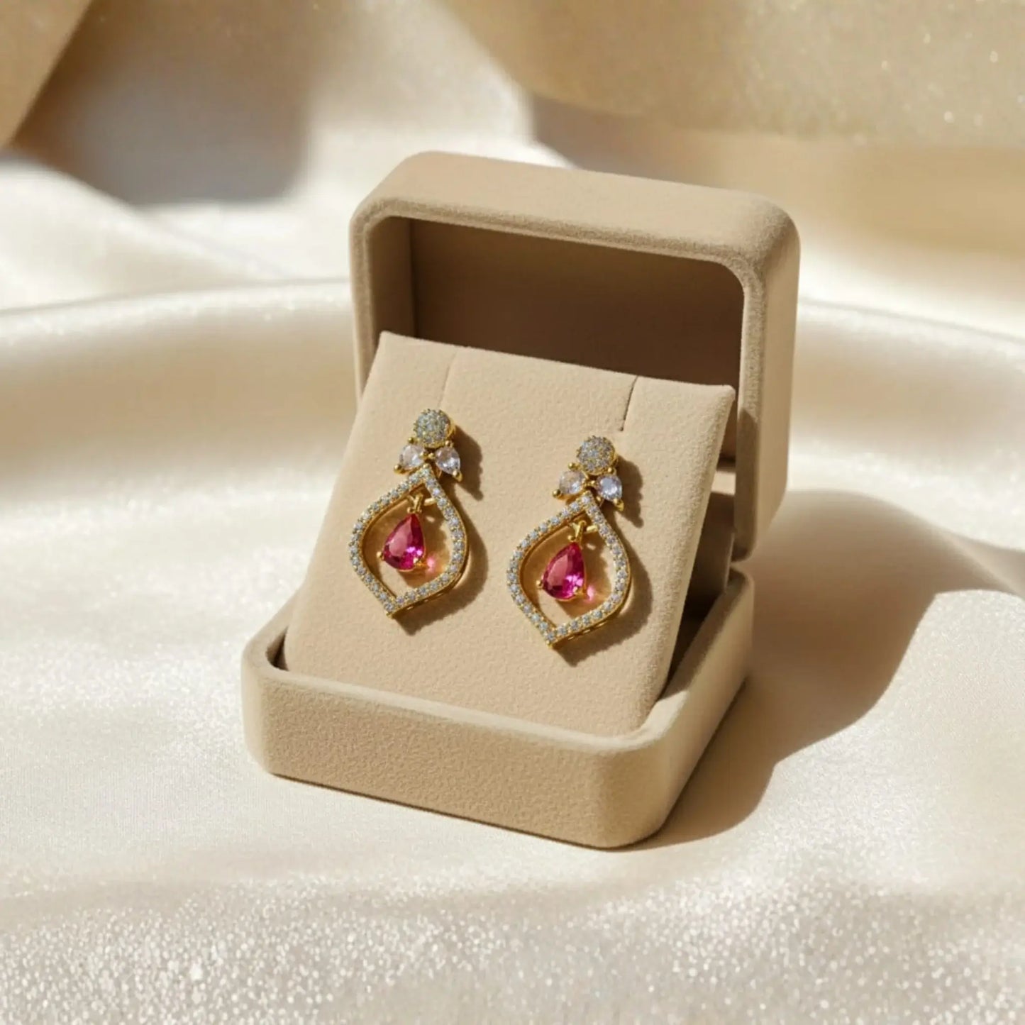 Pink Stone Earrings With Elegant Crystal Drop