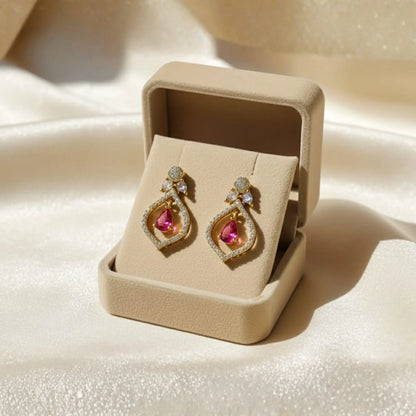 Pink Stone Earrings With Elegant Crystal Drop