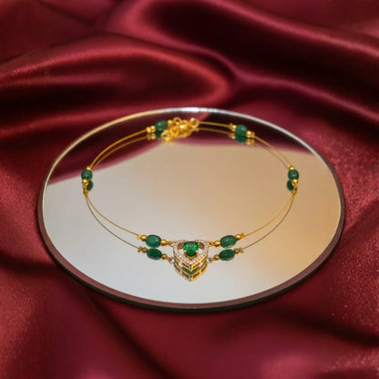 Green Bead Necklace With Heart Pendant