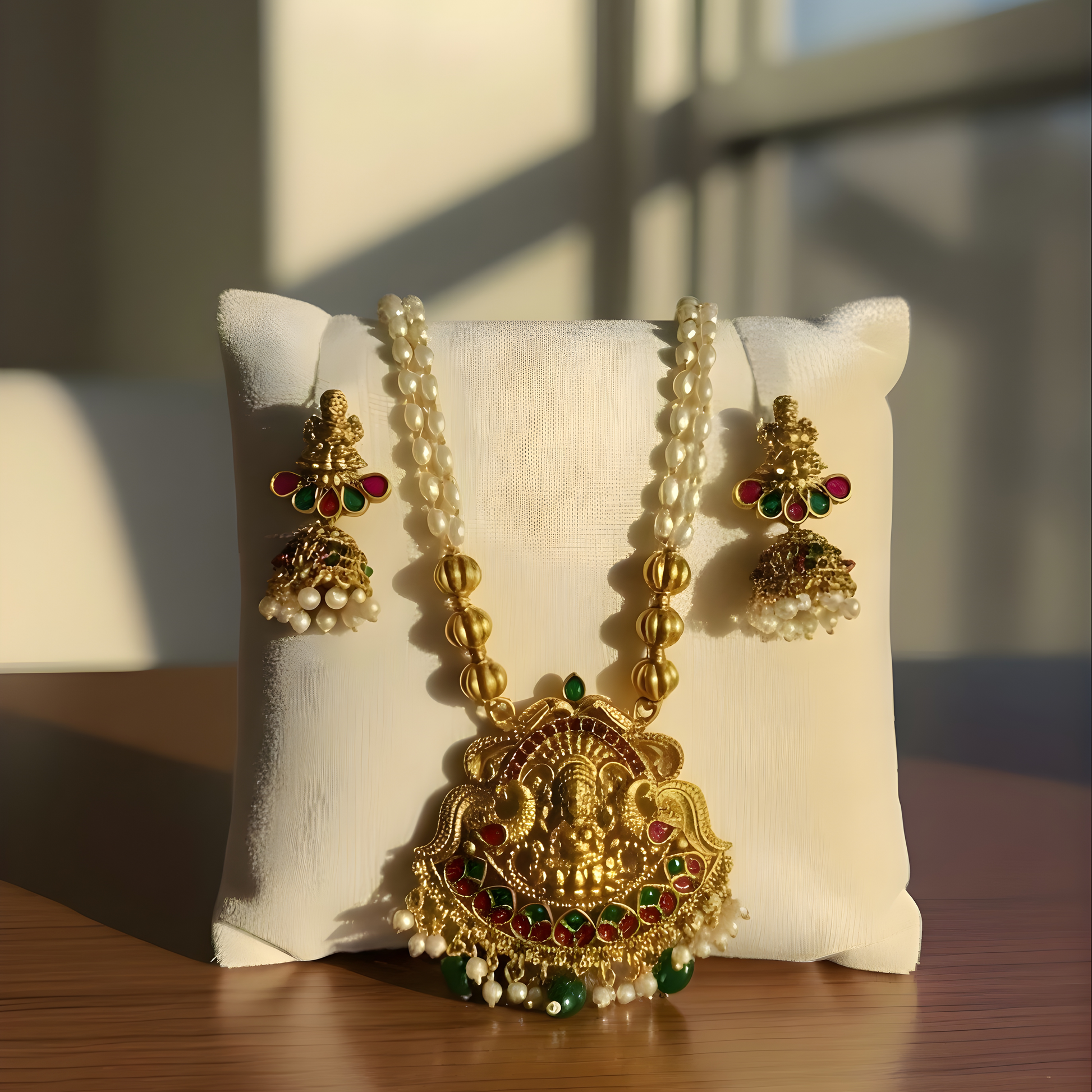 Antique gold Lakshmi temple necklace with pearl strands and matching jhumkas
