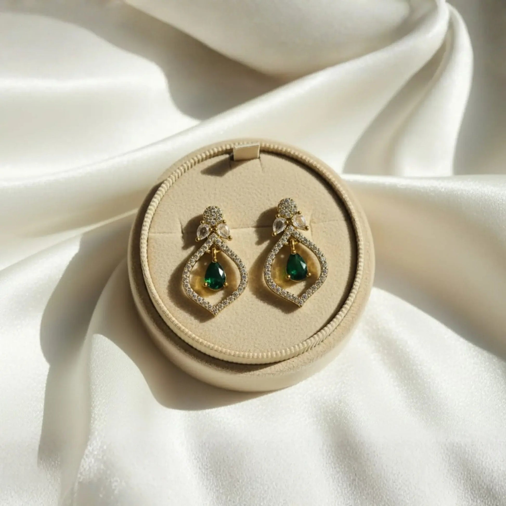 Emerald Green Drop Earrings With Crystal Teardrop Design 