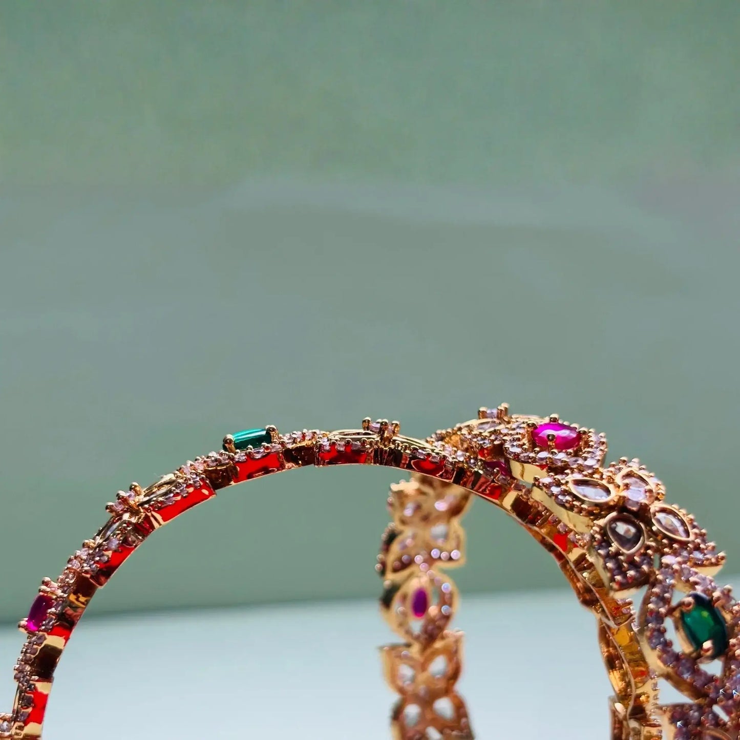 Floral Gold-Plated Bangles With Ruby and Emerald Design