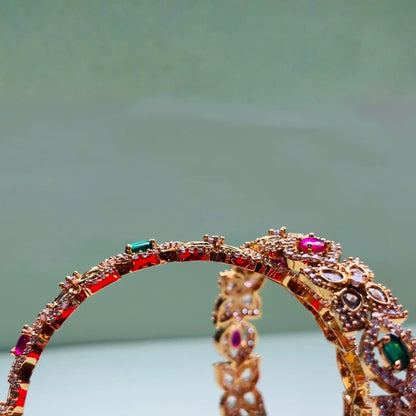 Floral Gold-Plated Bangles With Ruby and Emerald Design