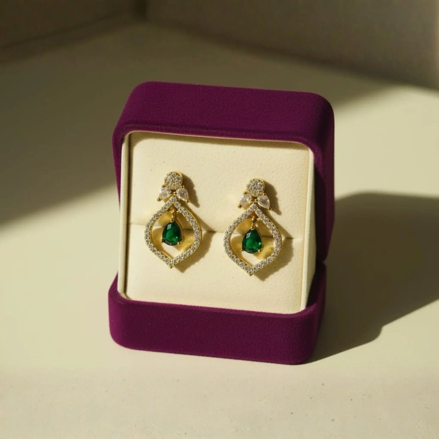 Emerald Green Drop Earrings With Crystal Teardrop Design 