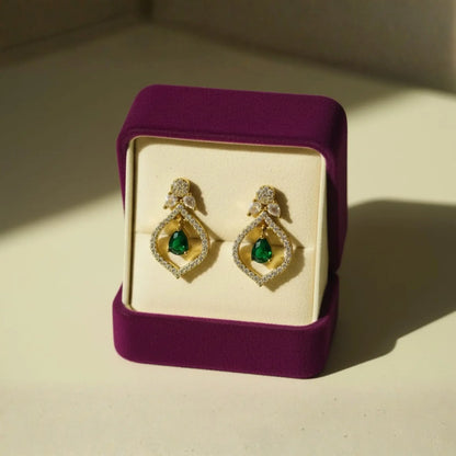 Emerald Green Drop Earrings With Crystal Teardrop Design 