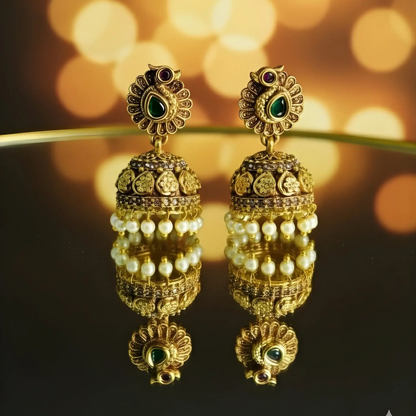 Antique Gold Earrings with Green Stones and Pearl Drops