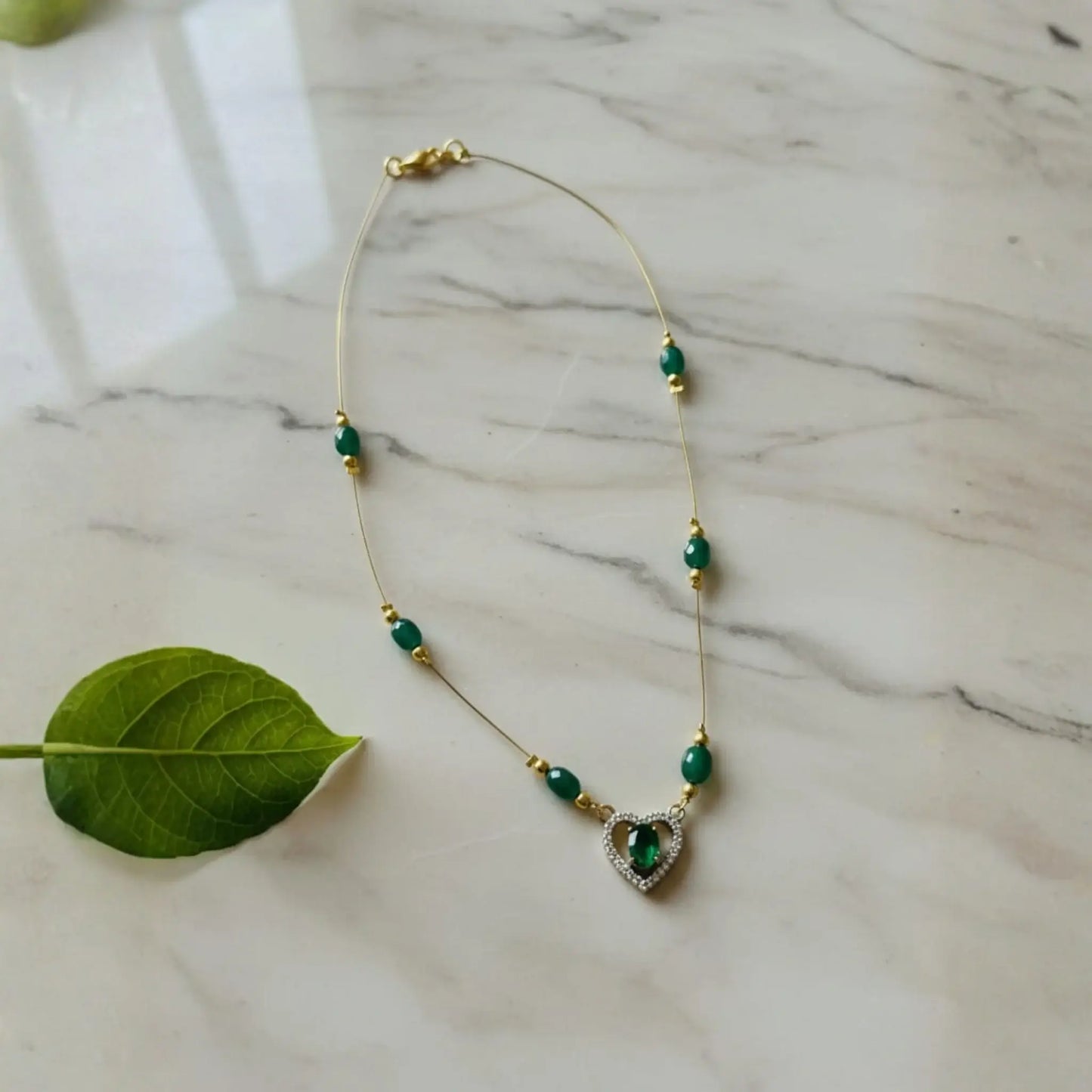 Green Bead Necklace With Heart Pendant