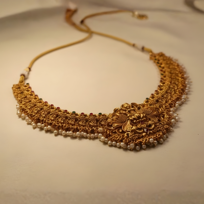 Antique gold temple necklace with pearls