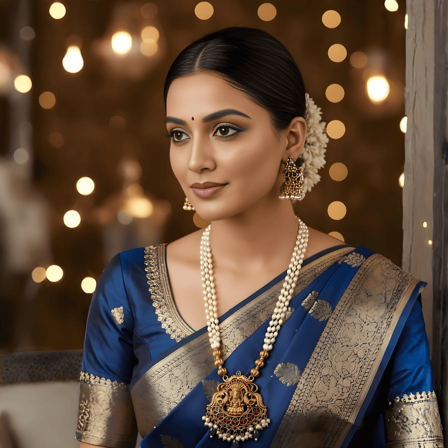 Antique gold Lakshmi temple necklace with pearl strands and matching jhumkas