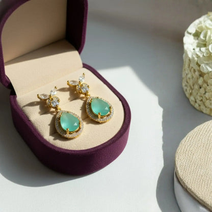 Mint Green Teardrop Earrings With Crystal Drop Design