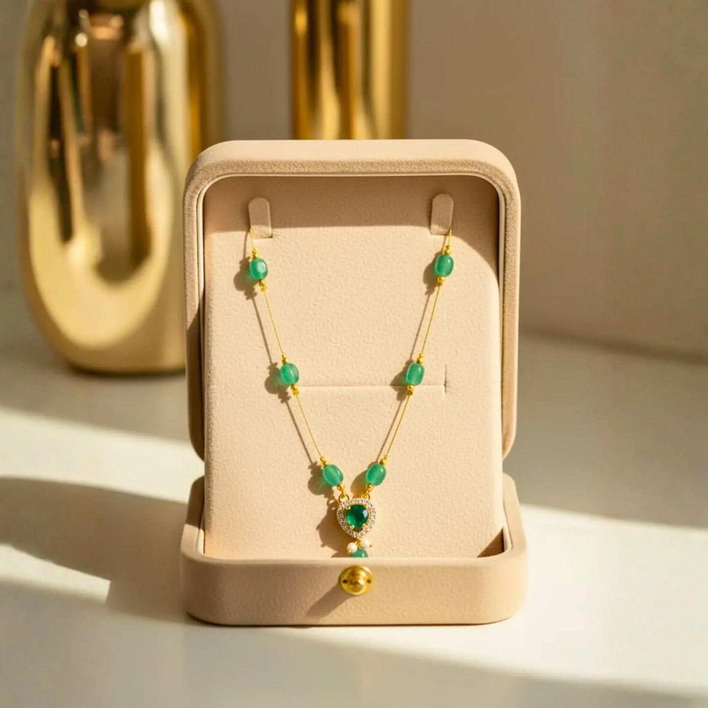 Light Green Bead Necklace With Heart Pendant