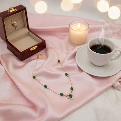 Gold-Plated Green Bead Necklace With Heart Pendant