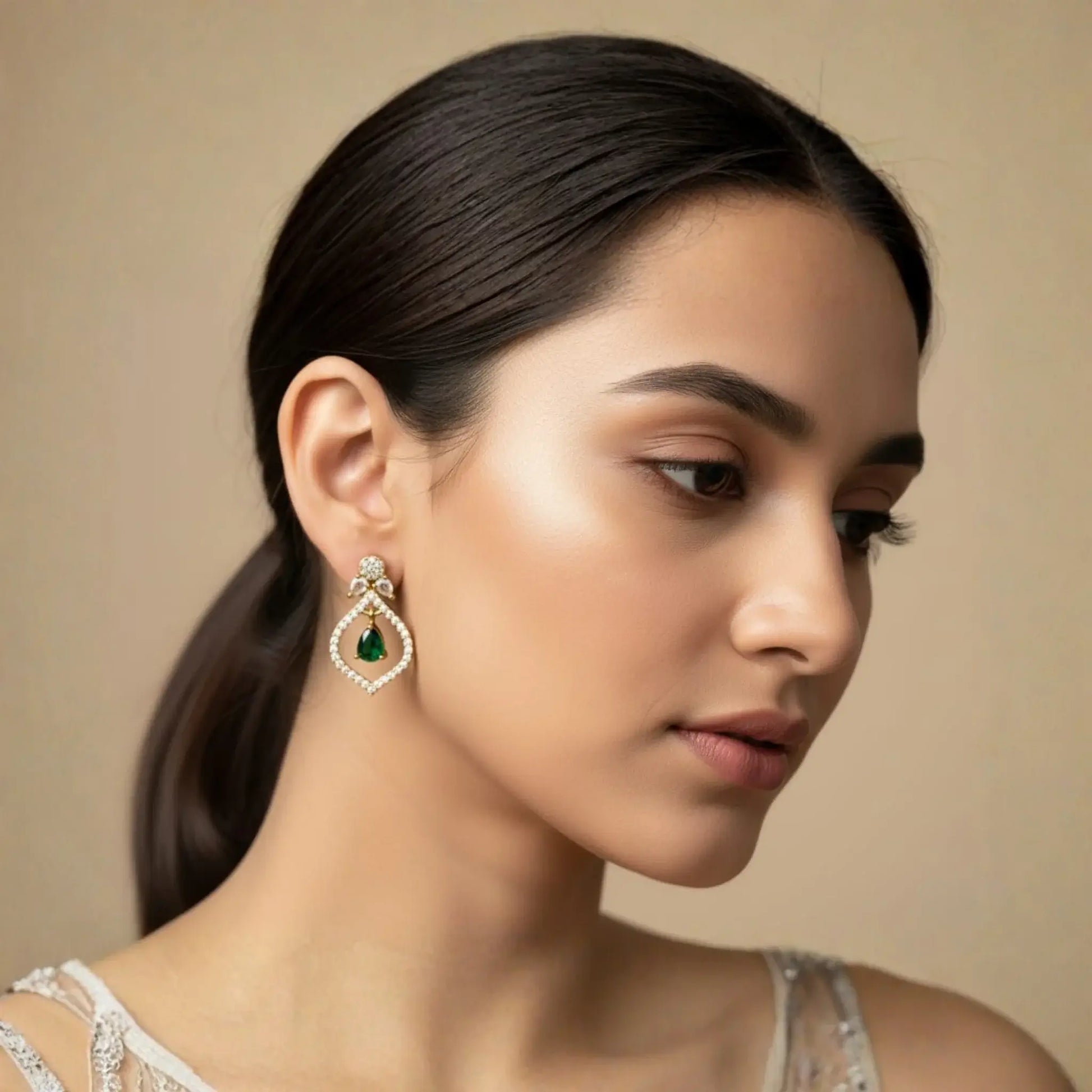 Emerald Green Drop Earrings With Crystal Teardrop Design 