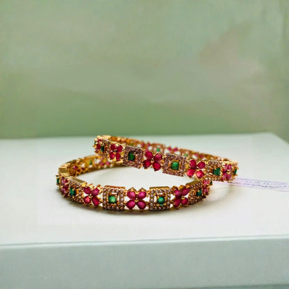 Ruby and Emerald Bangles Floral Stone Design