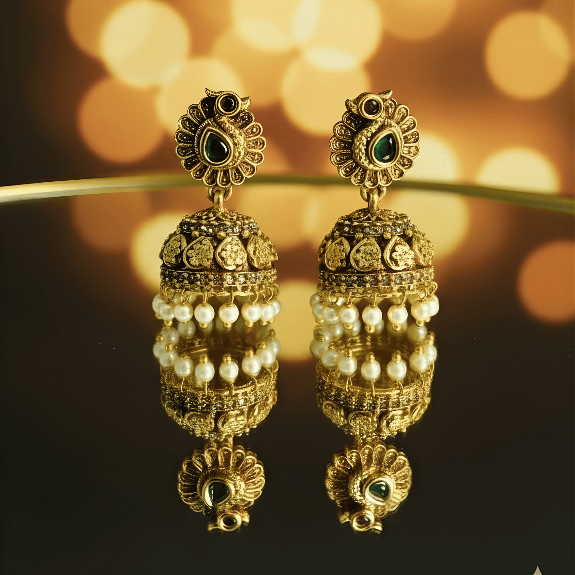 Antique gold earrings with green stones and pearl drops on beige background