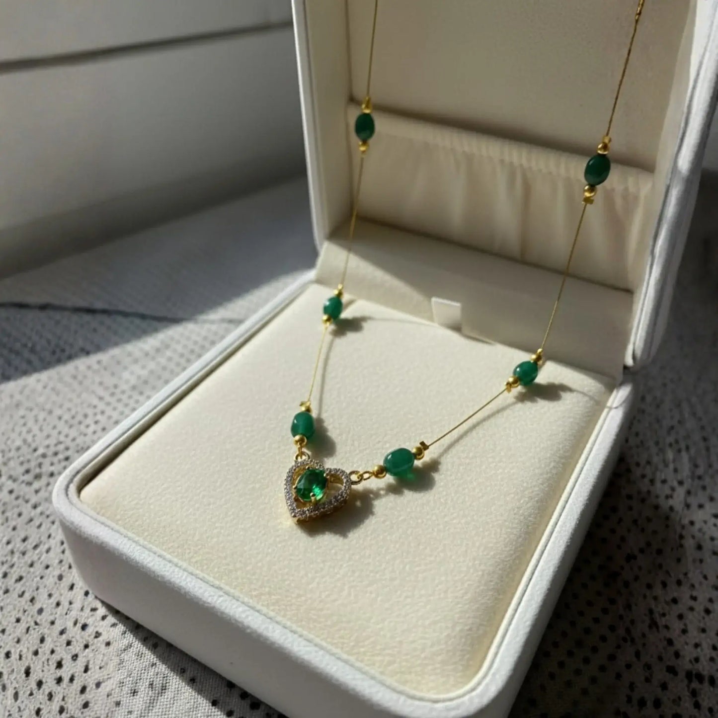 Green Bead Necklace With Heart Pendant