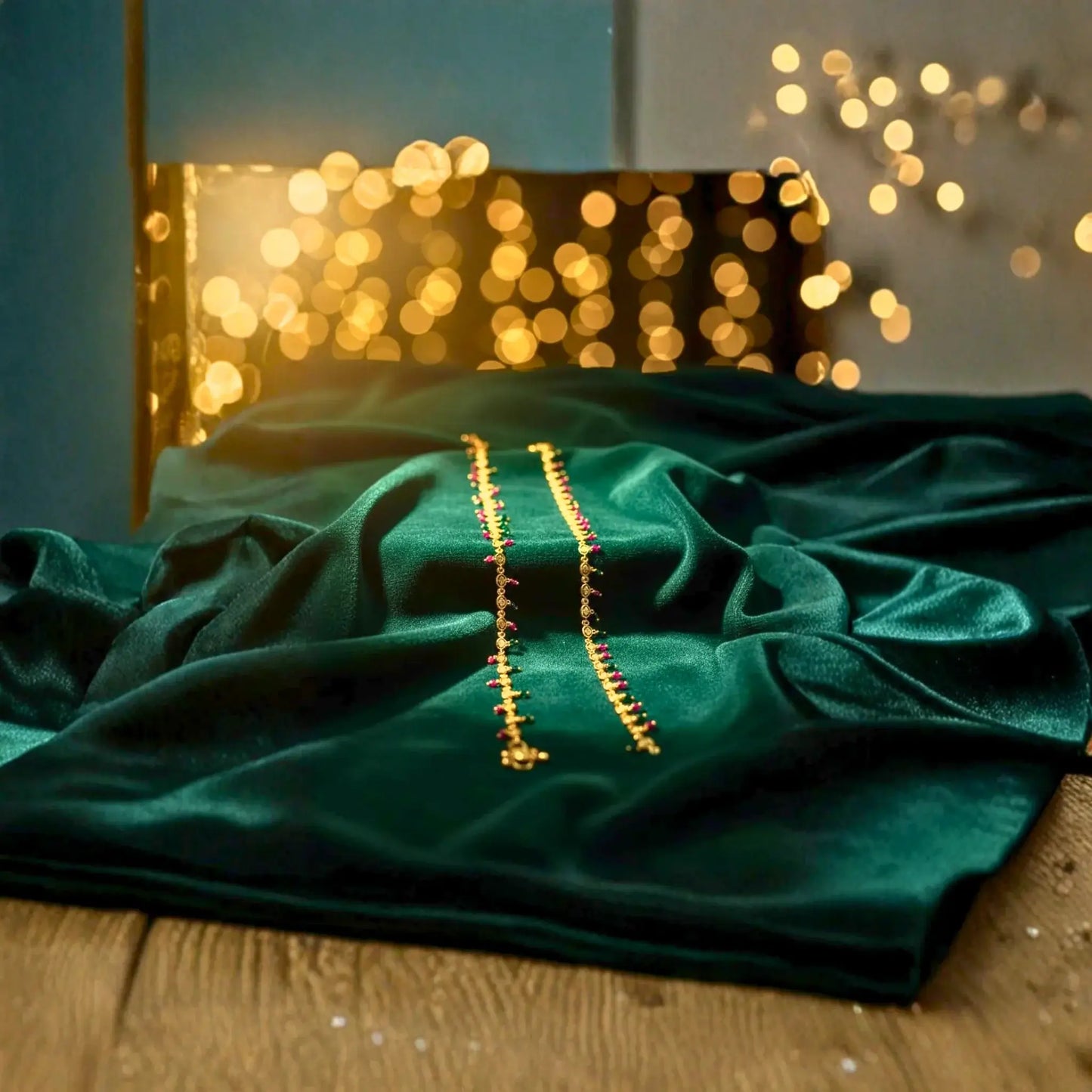 Gold-Plated Ruby and Green Stone Anklets