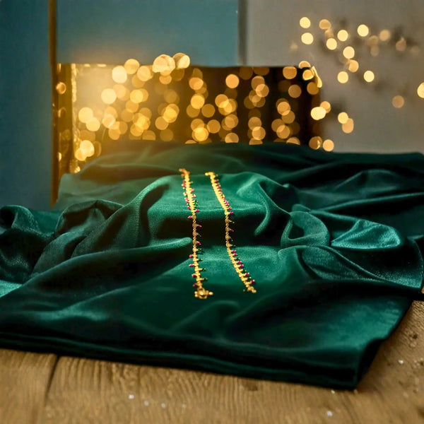 Gold-Plated Ruby and Green Stone Anklets