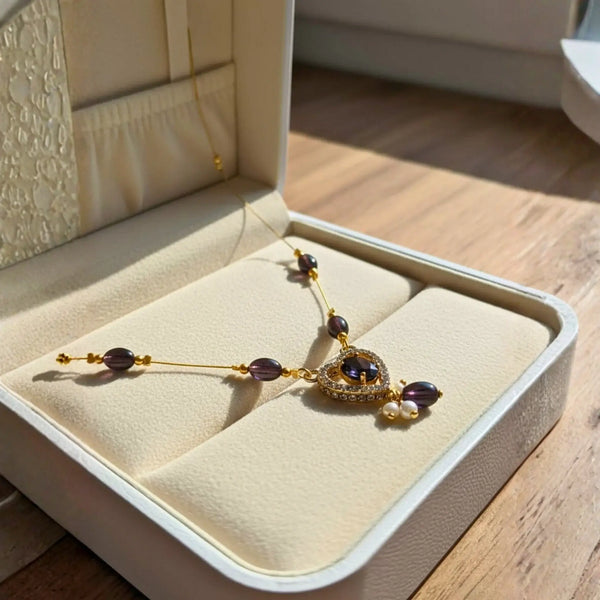 Purple Bead Necklace With Crystal Heart Pendant